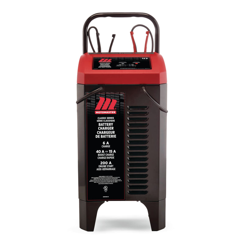 MotoMaster Classic Series Wheeled Smart Battery Charger, Fully Automatic, 40/15/6-Amp, 12V, with 200-Amp Engine Start M9