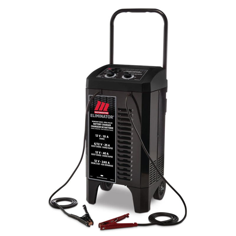 MotoMaster Eliminator Workshop Series Wheeled Battery Charger, Manually-Operated, 40/25/10-Amp, 6 & 12V, with 240-Amp Engine Start O6