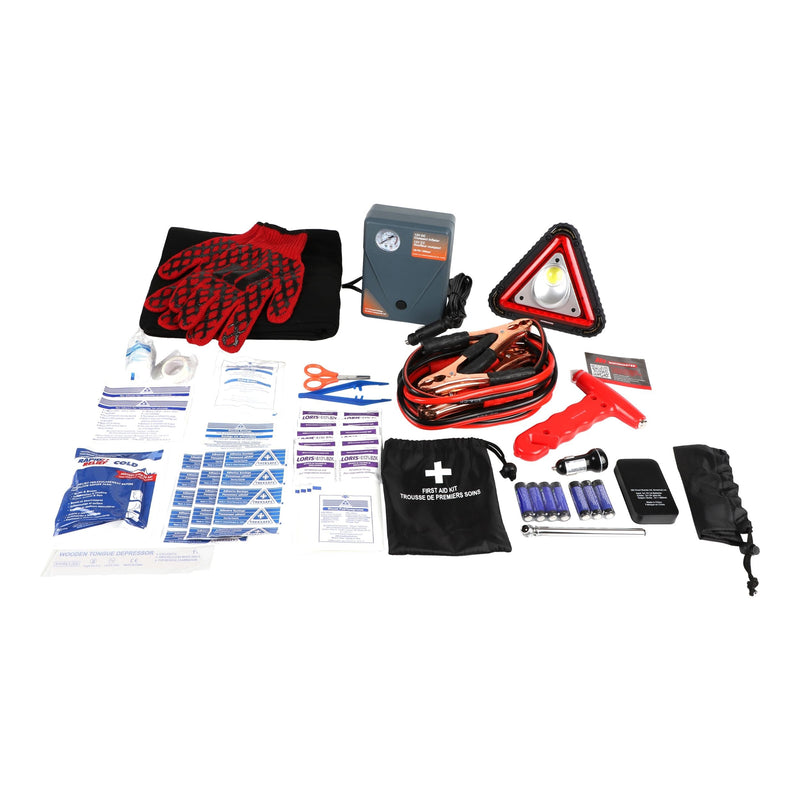 MotoMaster Executive Safety Kit with Booster Cables, Air Compressor & LED Flares N1