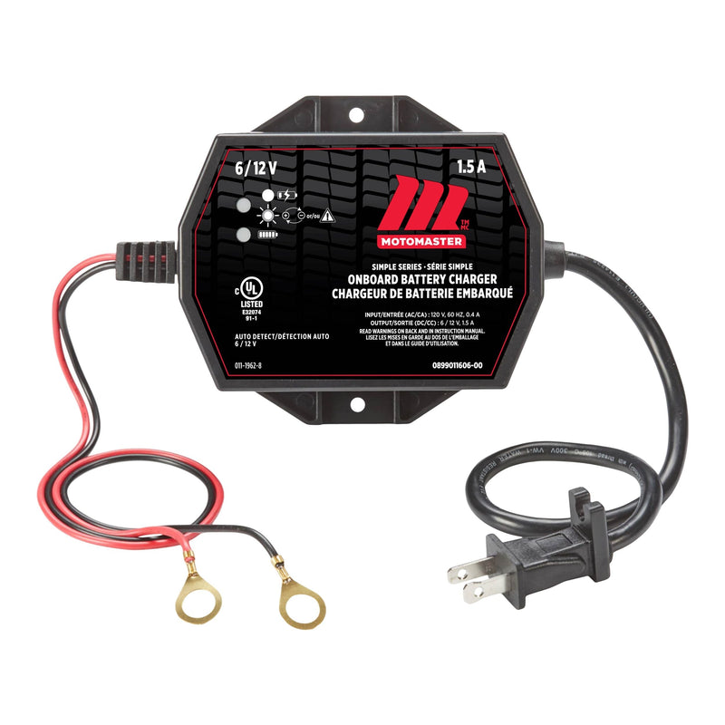 MotoMaster Simple Series Onboard Smart Battery Charger and Maintainer, Fully Automatic, 1.5-Amp, 6V/12V T0