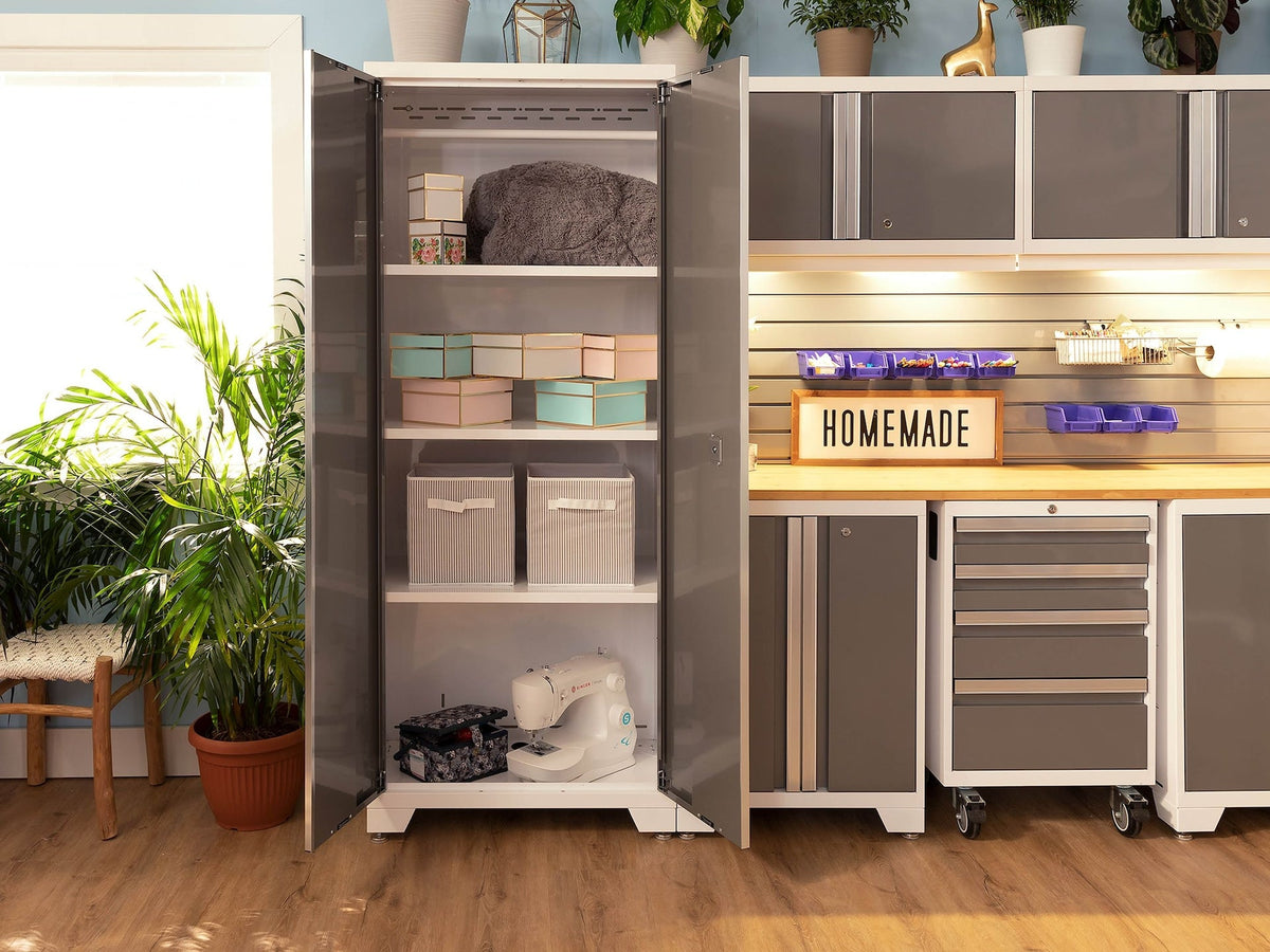 NewAge Bold 3.0 Series All-in-One Lockable Steel Garage Cabinetry Set with Stainless Steel Top, White/Platinum, 48-in x 18-in x 76.75-in, 5-pc