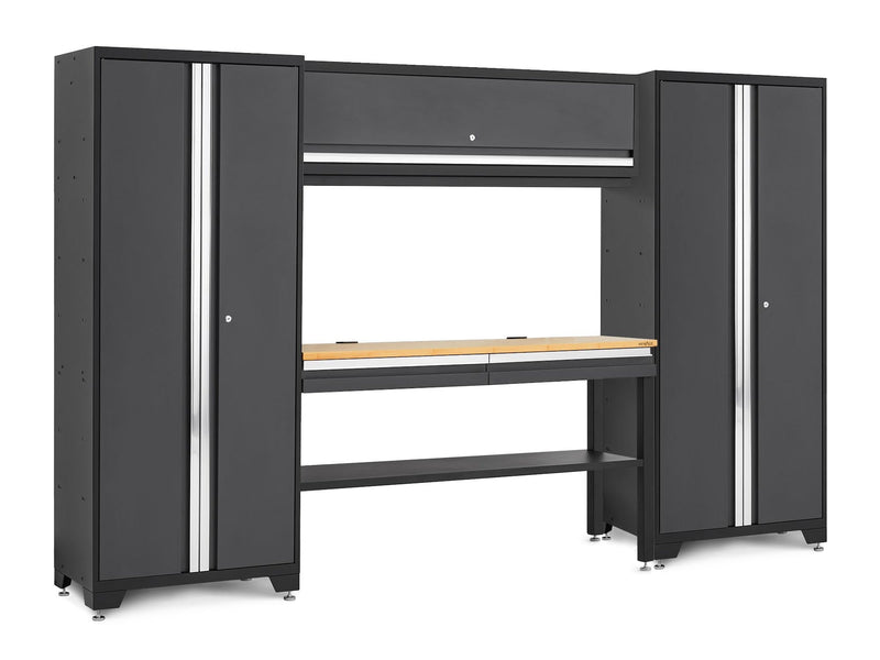 NewAge Bold 3.0 Series Lockable Steel Garage Cabinetry Set with Bamboo Top, Grey, 120-in x 18-in x 72-in, 5-pc H2