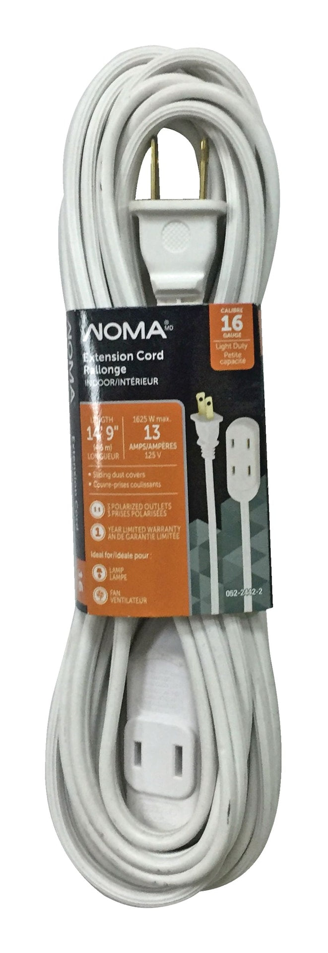NOMA 14-ft 9-in 16/2 Indoor Extension Cord, Light-Duty, 3 Outlets, White D1