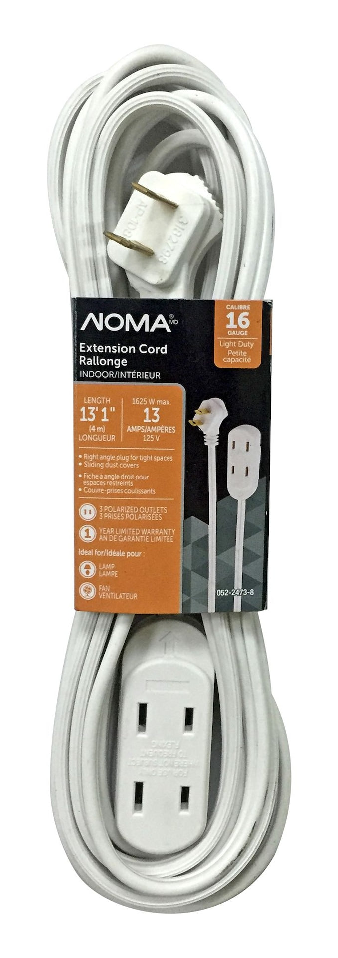 NOMA 15-ft 16/2 Indoor Extension Cord, 3 Outlets, Flat Plug, White Y0