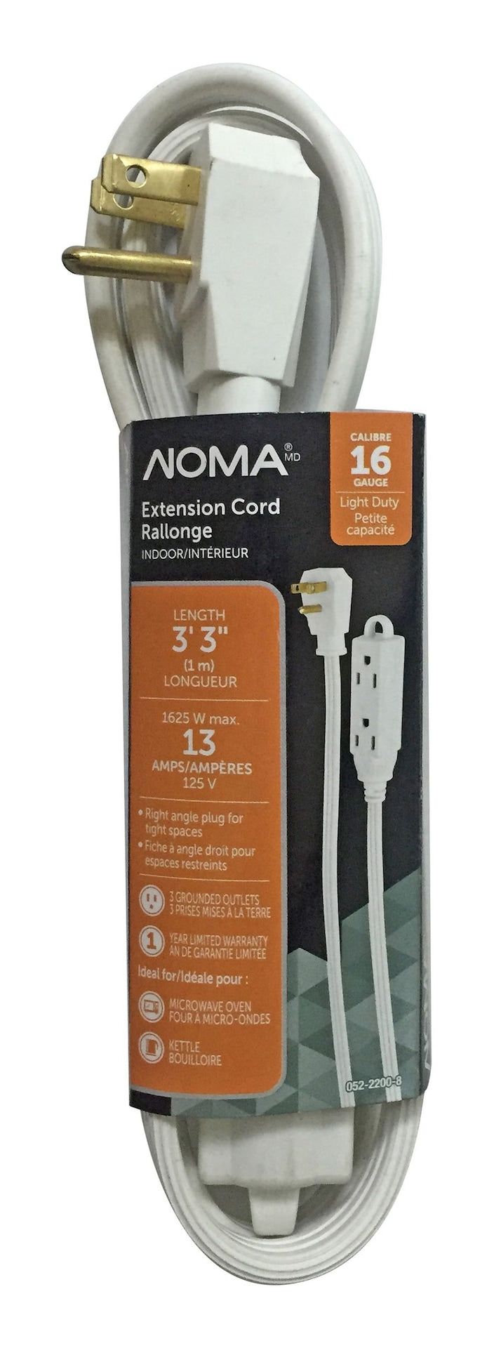 NOMA 3-ft 3-in 16/3 Indoor Extension Cord with Right Angle Plug, 3 Grounded Outlets, White M7