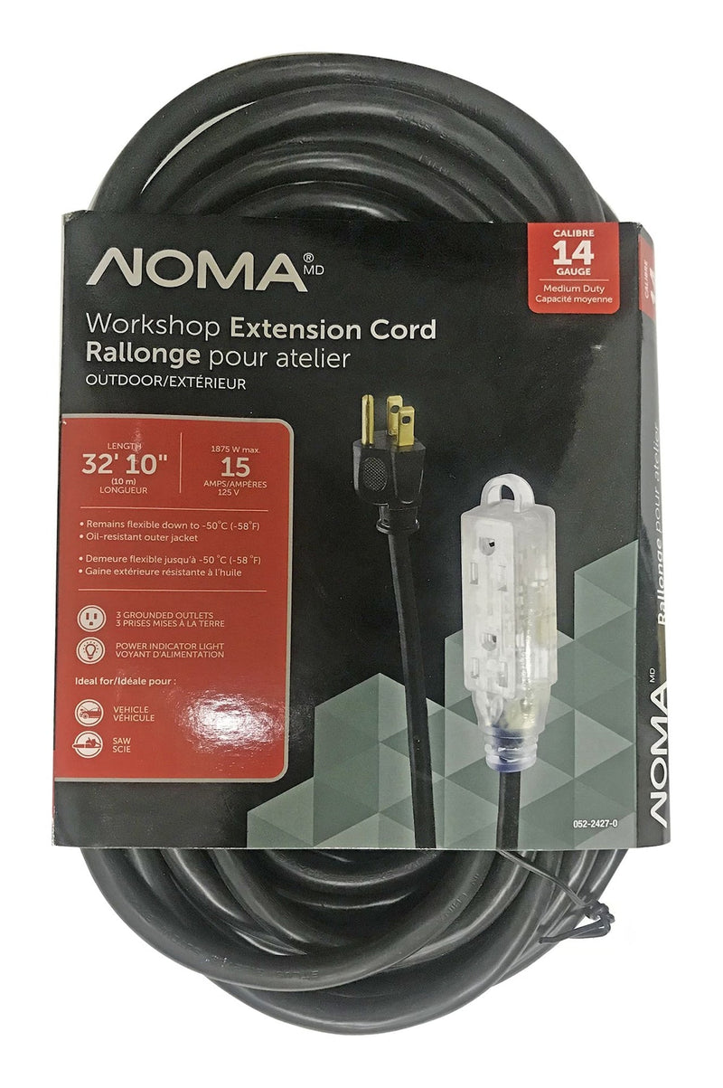 NOMA 32-ft 10-in 14/3 Outdoor Extension Cord with 3 Grounded Outlets and Lighted End, Black U9