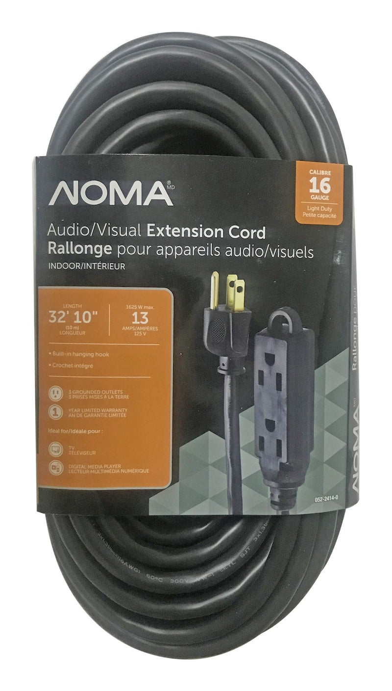 NOMA 32-ft 10-in 16/3 Light Duty Extension Cord with 3 Grounded Outlets. Audio / Visual, Black V2