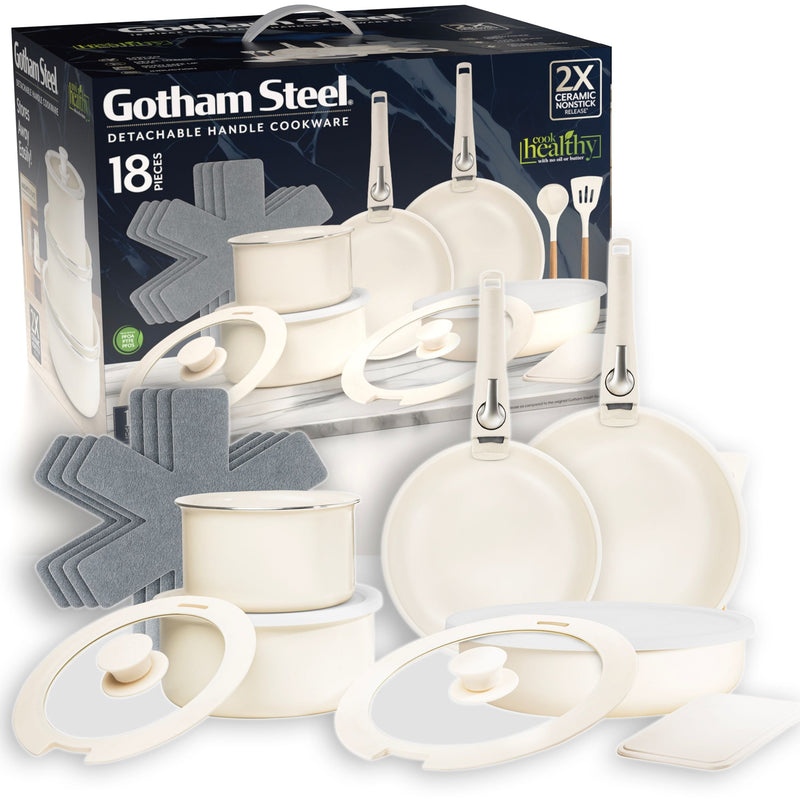 OB Gotham Steel Pots & Pan Set with Removable Handles, Cream, 18-pc K6