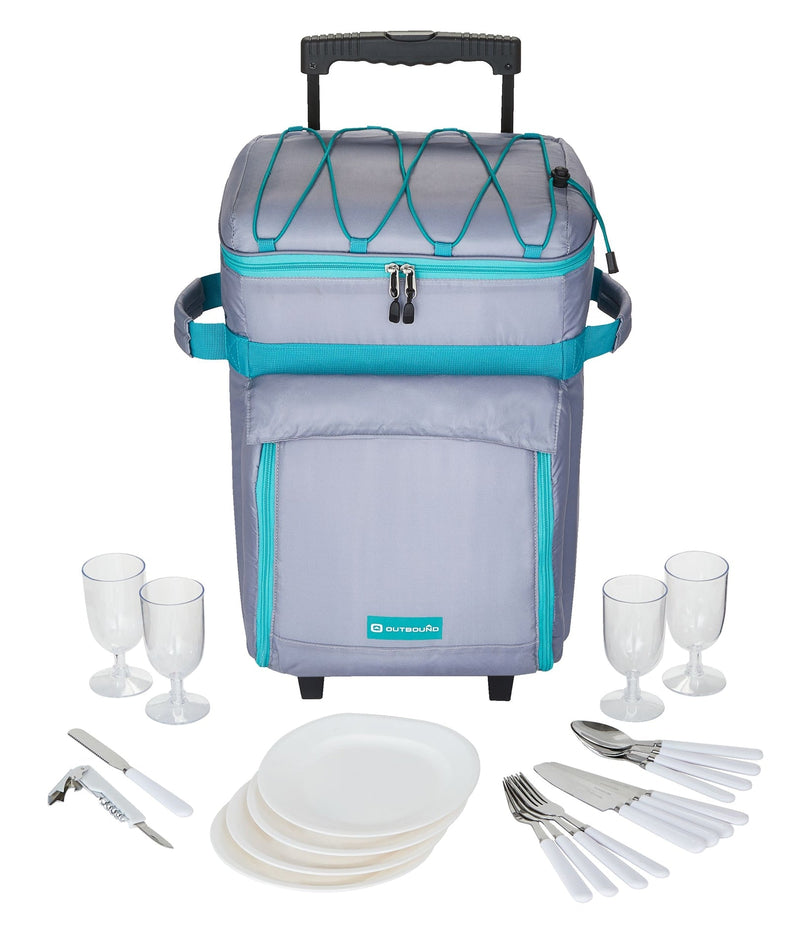 Outbound Wheeled Picnic Cooler with 21-Piece Cutlery/Plate Set, 18-Can I9