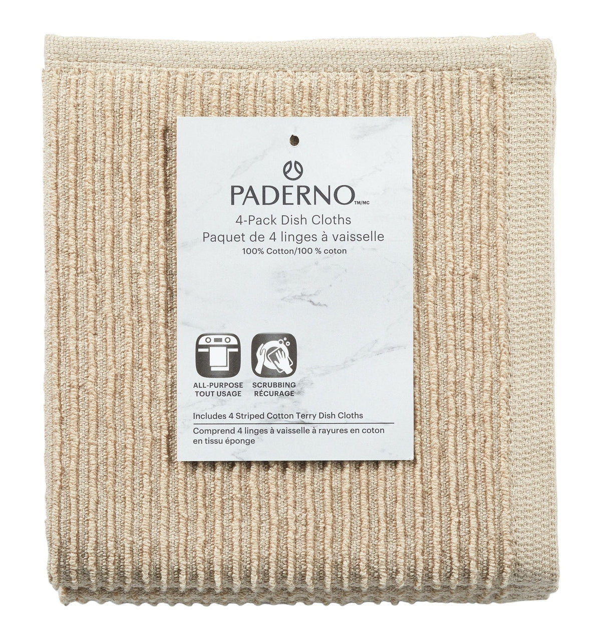 PADERNO All-Purpose Ribbed Cotton Terry Square Dish Cloths, Beige, 4-pk