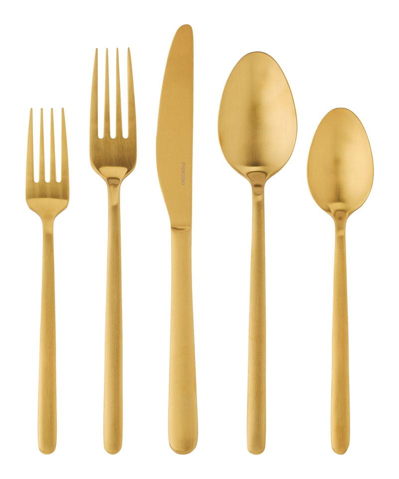 PADERNO Chelsey Satin Gold Finish Slim Round Stainless Steel Flatware Set, Serves 4, 20-pc E1