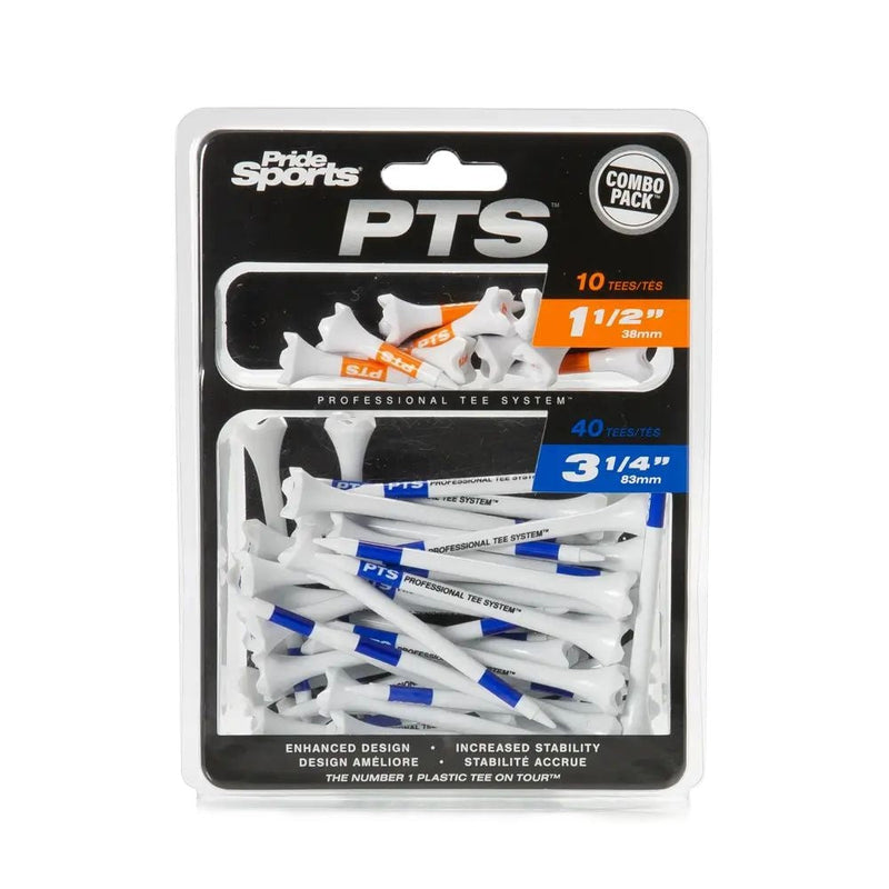 Pride Evolution Plastic Golf Tee Combo Pack, Assorted Sizes, 40-pk, White, 1-1/2-in & 3-1/4-in T7