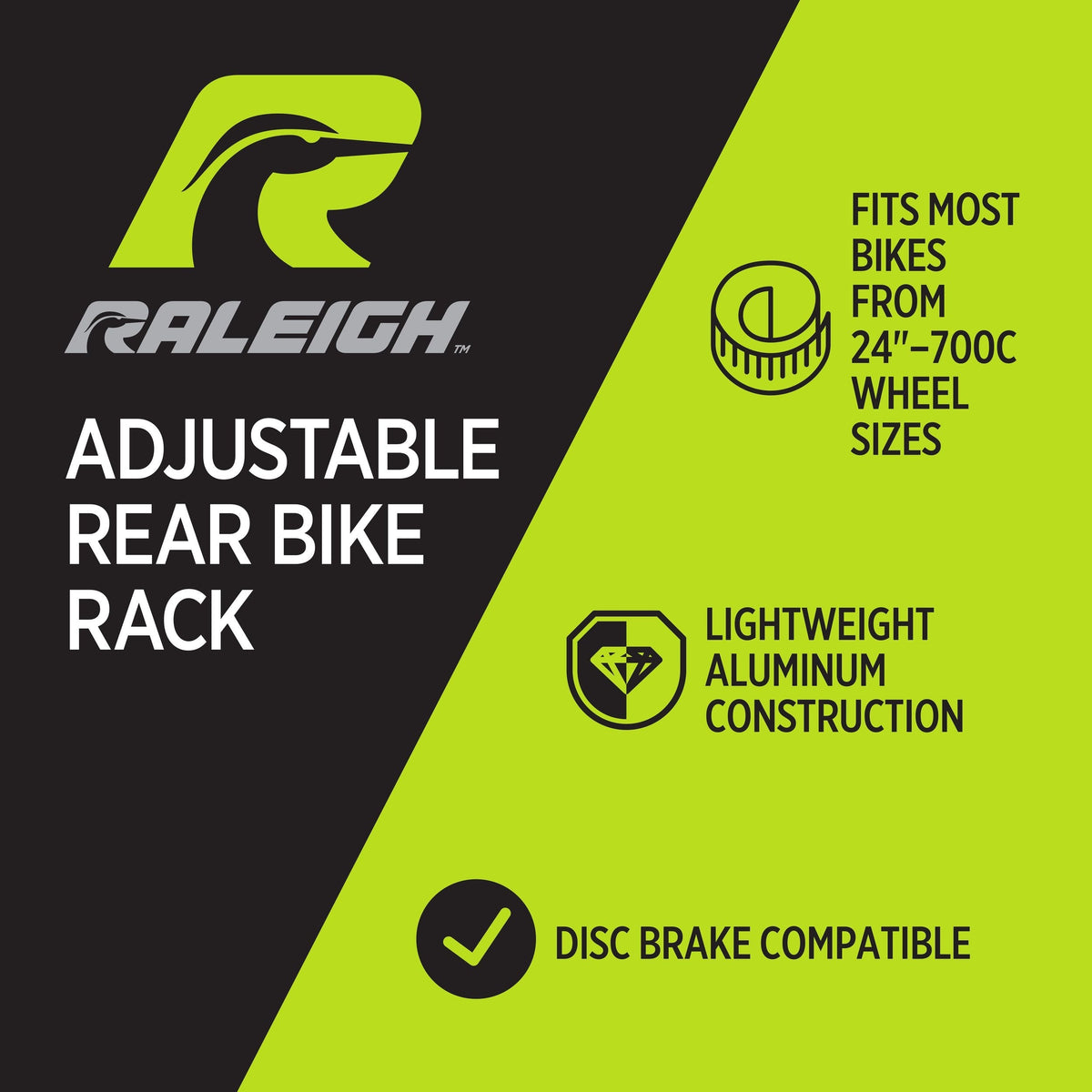 Raleigh Adjustable Rear Bike Rack, Lightweight, Aluminum, Black