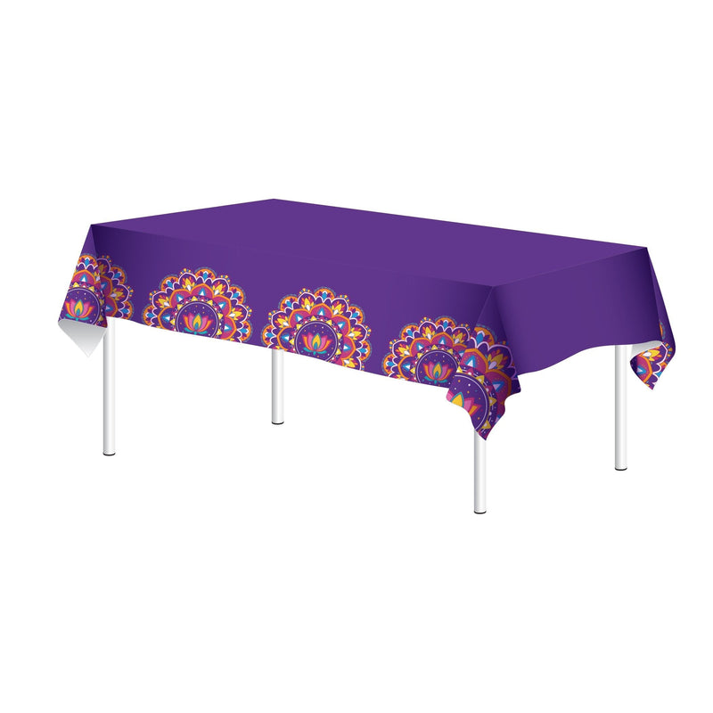 Rangoli Patterned Rectangle Plastic Reusable Table Cover, Multi-Coloured, 51x87-in, for Diwali R8