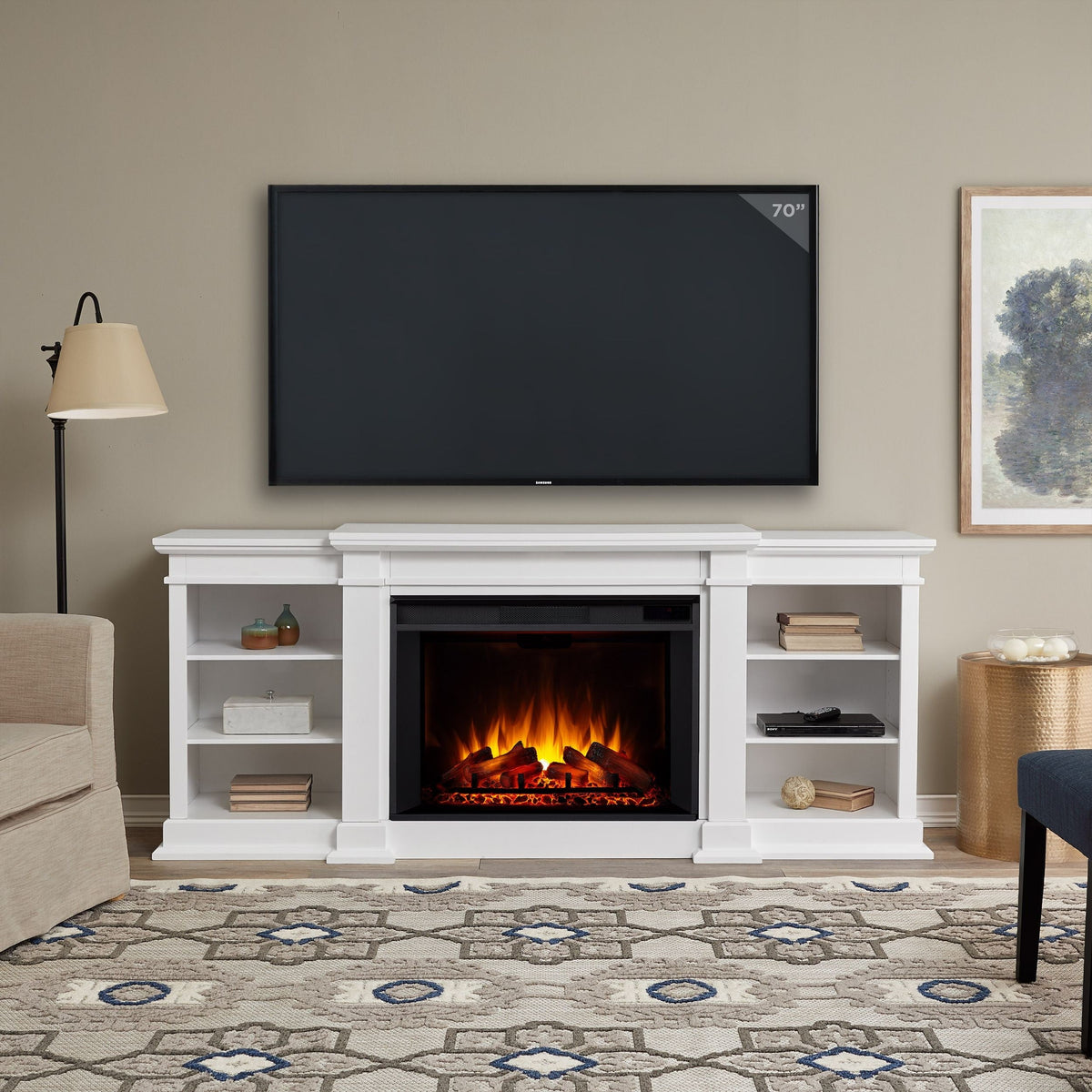 Real Flame Eliot Grand Entertainment VividFlame Media Indoor Electric Fireplace TV Stand, 1500W, Includes Remote Control & Firebox, White