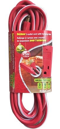 Ritecord 14-ft 7-in 16/3 Outdoor Extension Cord with 3 Grounded Outlets, Red/White/Green B0