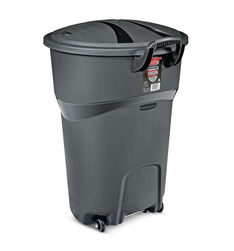 Rubbermaid Plastic Circular Wheeled Garbage Can with Handle, Black, 121-L K1