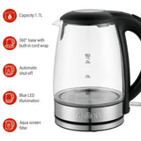Salton Cordless Electric Glass Kettle with Auto Shut Off, Black/Stainless Steel, 1.7-L