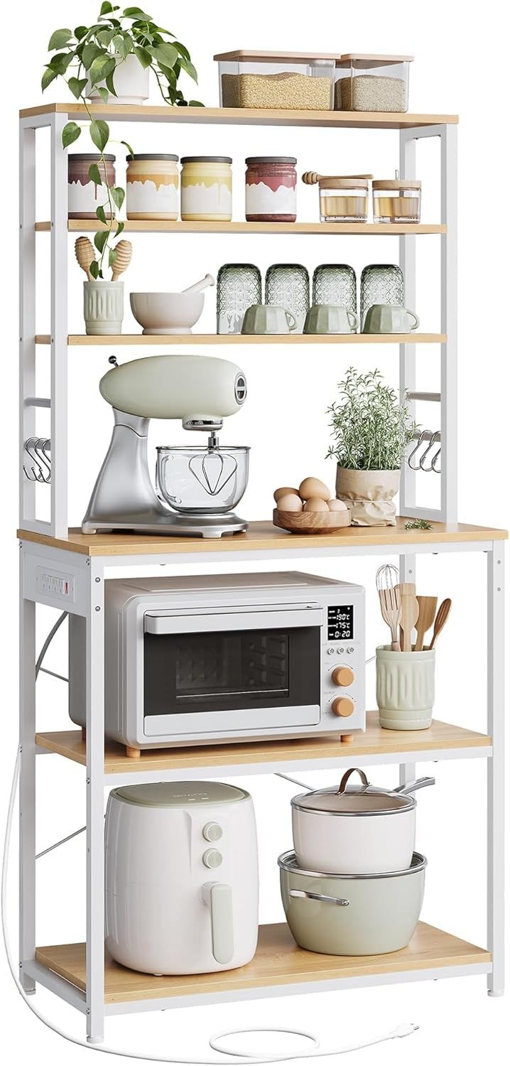 Songmics Home Oak/White Baker's Rack with 4 AC Outlets P4