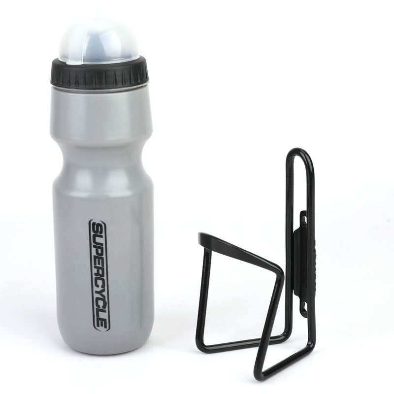 Supercycle Wide Mouth Self-Sealing Bike Water Bottle withCage/Holder, BPA Free, Silver, 21-oz L3