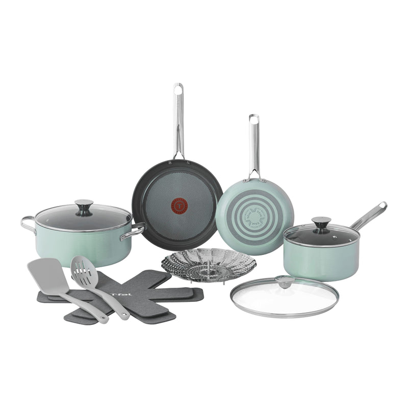 T-Fal Ceramic Inspire Non-Stick Cookware Set, Dishwasher & Oven Safe, Mint, 12-pc K0