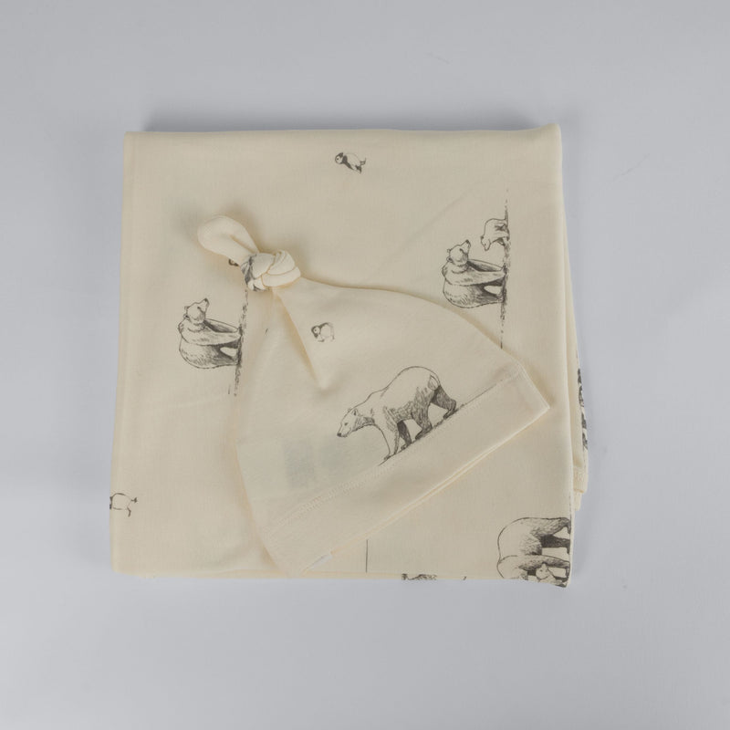 The Elk Baby Polar Bear Print Premium Organic Cotton Blanket and Beanie Set V8