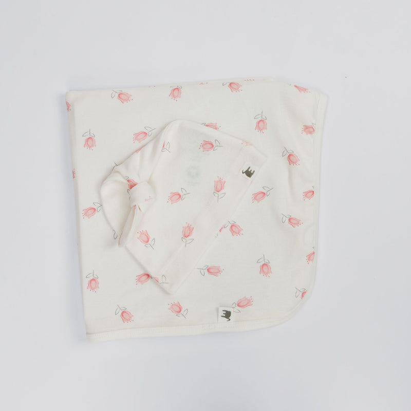 The Elk Baby Tulip Print Premium Organic Cotton Blanket and Beanie Set T1