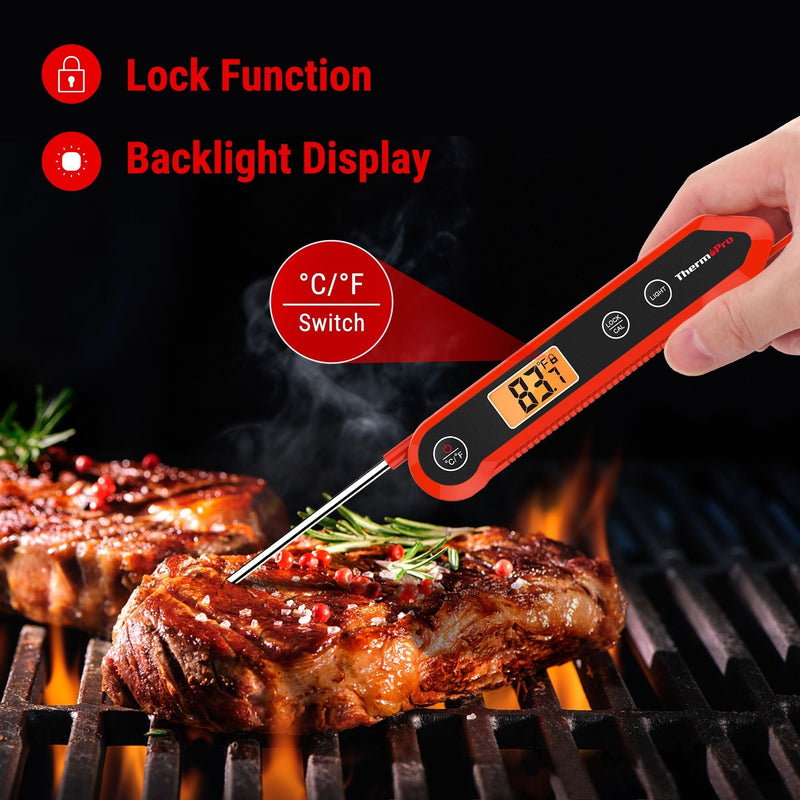 ThermoPro Waterproof Digital Instant-Read Folding Meat Thermometer with Swivel Probe, Black/Red C9