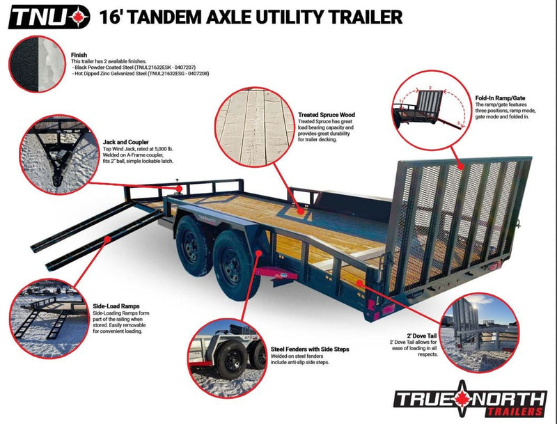 True North 83-in x 16-ft Tandem Axle Utility Trailer, Black L2