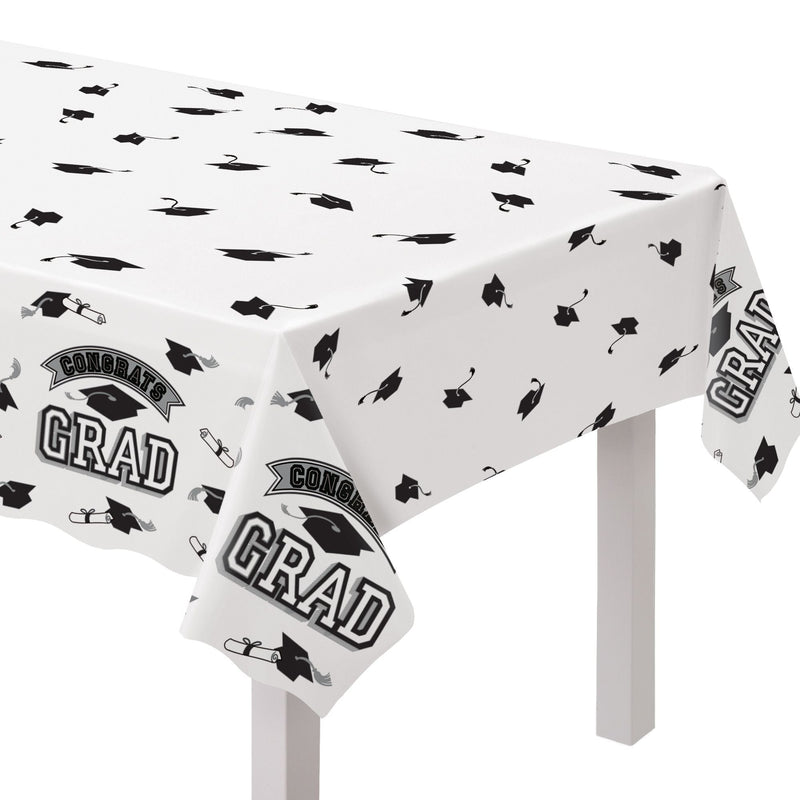 True to Your School "Congrats Grad" Rectangle Plastic Reusable Table Cover, Black/White, 54x84-in, for Graduation D9