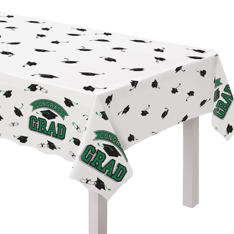 True to Your School "Congrats Grad" Rectangle Plastic Reusable Table Cover, Green, 54x84-in, for Graduation J1