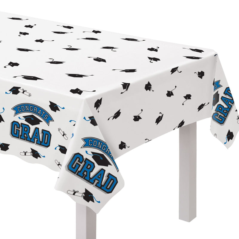 True to Your School "Congrats Grad" Rectangle Plastic Reusable Table Cover, Navy, 54x84-in, for Graduation K2