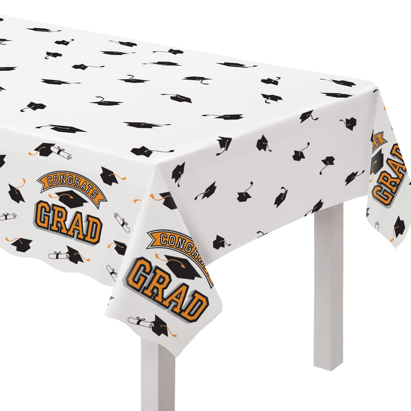 True to Your School "Congrats Grad" Rectangle Plastic Reusable Table Cover, Orange, 54x84-in, for Graduation Y9