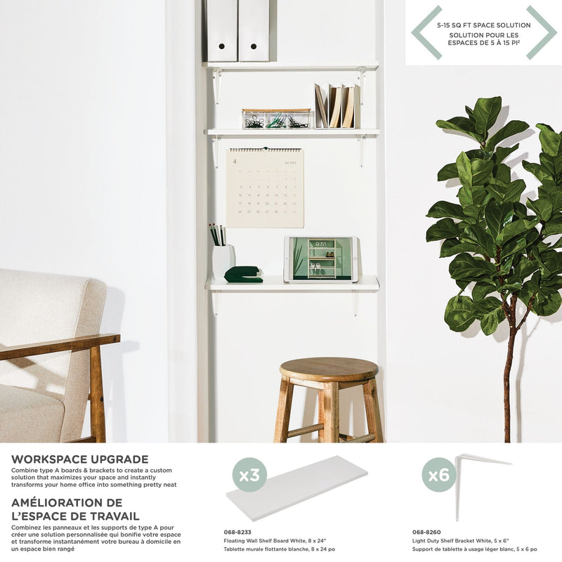 type A Wooden Floating Wall Shelf Board, White, 8 x 24-in C9