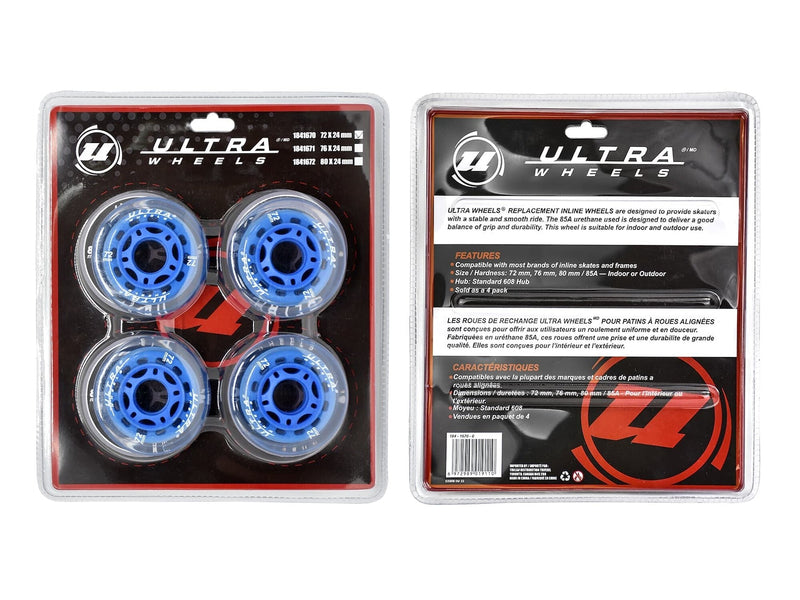 Ultra Wheels Inline Skates Replacement Wheels, Assorted Sizes, Blue, 4-pk C0