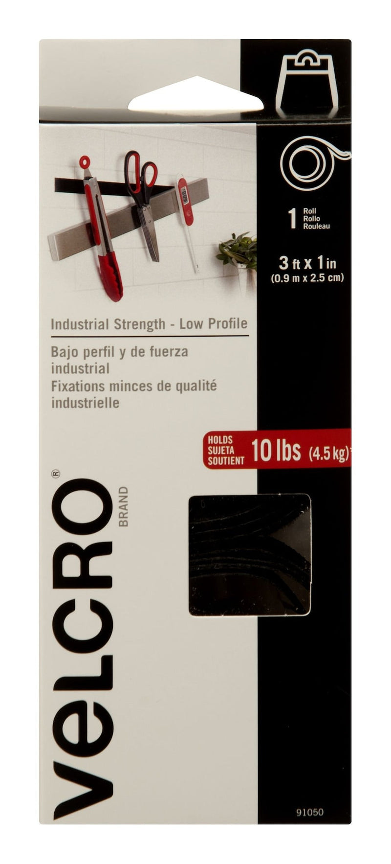 Velcro Industrial Strength Low Profile Heavy Duty Tape, Black, 10-lbs, 3-ft x 1-in, 1-pk E4