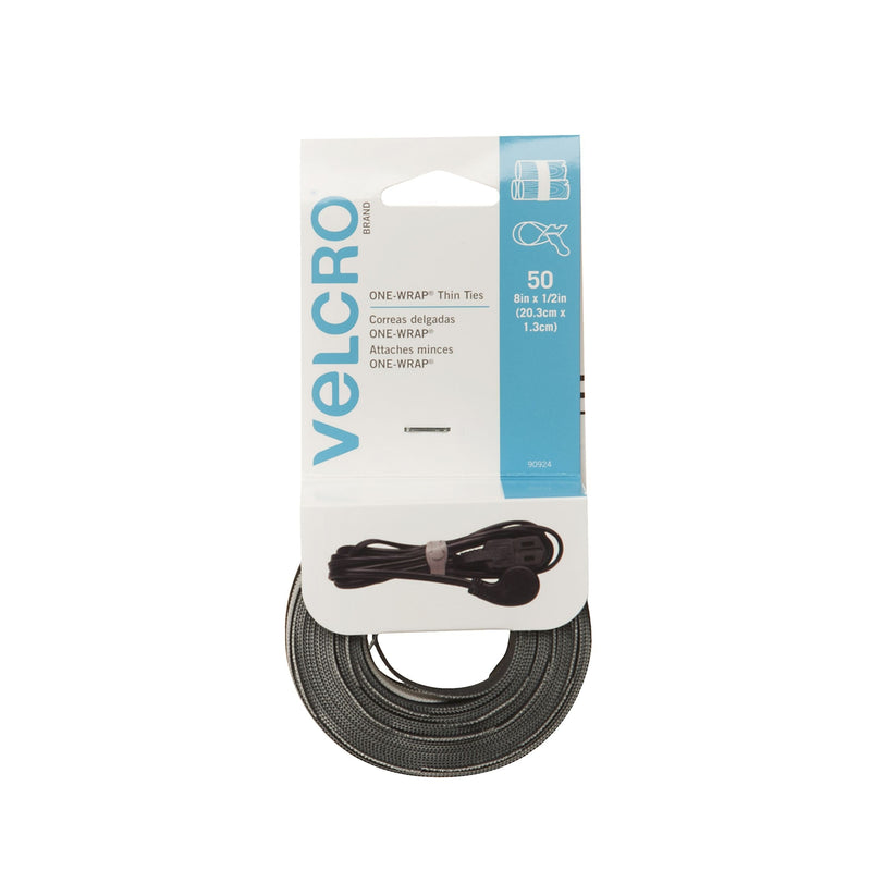 Velcro Reusable Thin Nylon Cable & Wire Ties, Black/Grey, 8 x 1/2-in, 50-pk M6