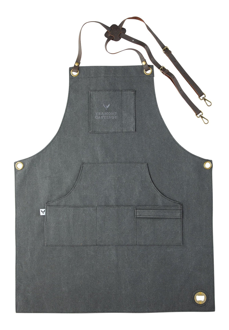 Vermont Castings Adjustable Canvas & Leather BBQ Grilling Apron with Pockets, Grey E6