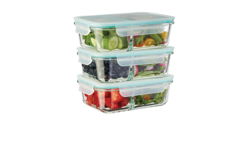 Vida by PADERNO Glass Clip Food Storage Container Set with Compartments and Leakproof Lids, 3 Count W1