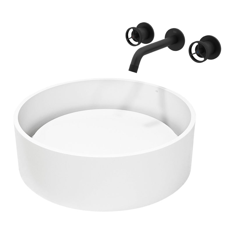 VIGO Anvil MatteStone Round White Composite Bathroom Sink/Basin Set with Cass Wall Mount Faucet and Pop-Up Drain X7