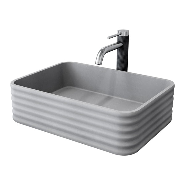 VIGO Cadman ConcretoStone Grey Bathroom Sink/Basin Set with Lexington Faucet and Rectangular Vessel B8