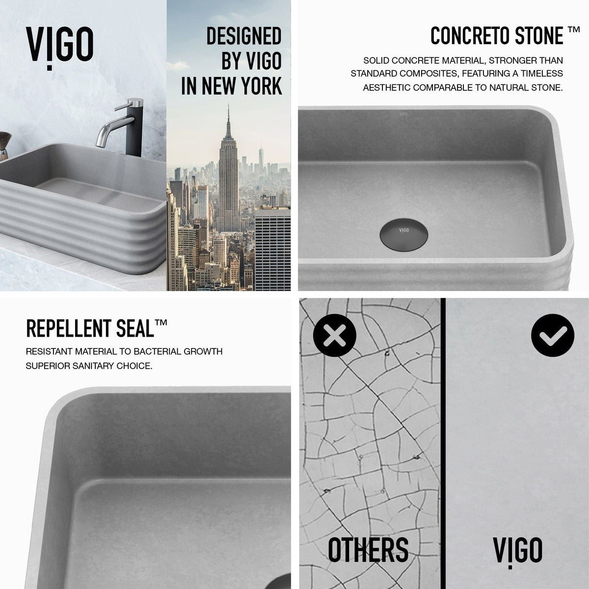 VIGO Cadman ConcretoStone Grey Bathroom Sink/Basin Set with Lexington Faucet and Rectangular Vessel