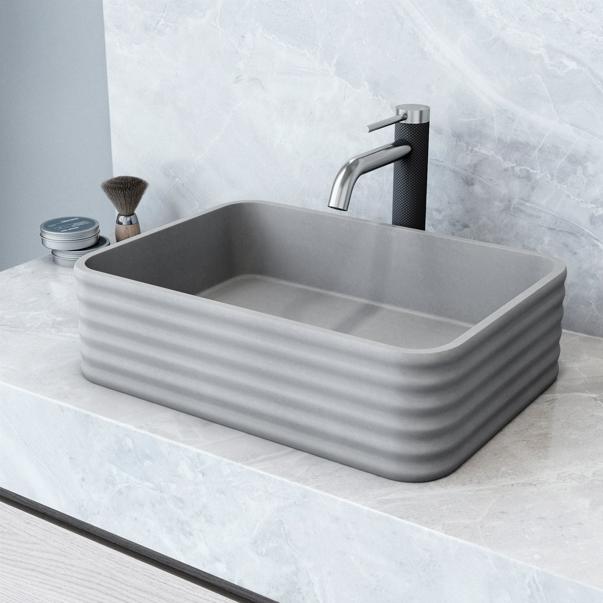 VIGO Cadman ConcretoStone Grey Bathroom Sink/Basin Set with Lexington Faucet and Rectangular Vessel