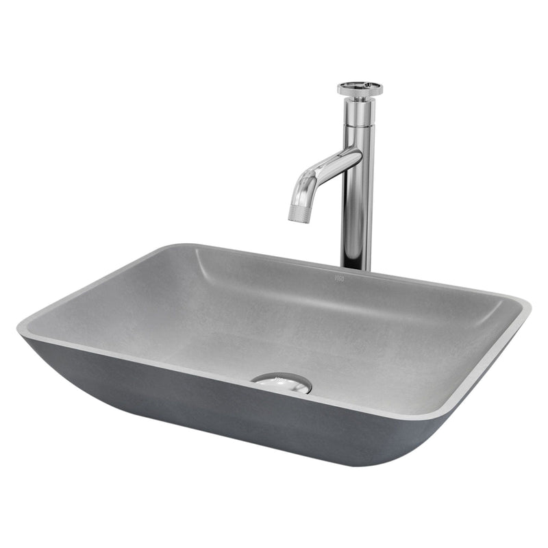 VIGO Duomo Gothic ConcretoStone Grey Bathroom Sink/Basin Set with Cass Faucet and Rectangular Vessel D9