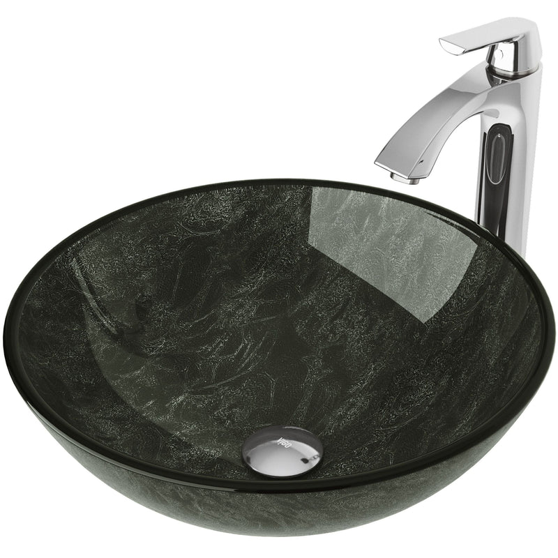VIGO Glass Grey Onyx Bathroom Sink/Basin Set with Linus Faucet and Round Vessel S9