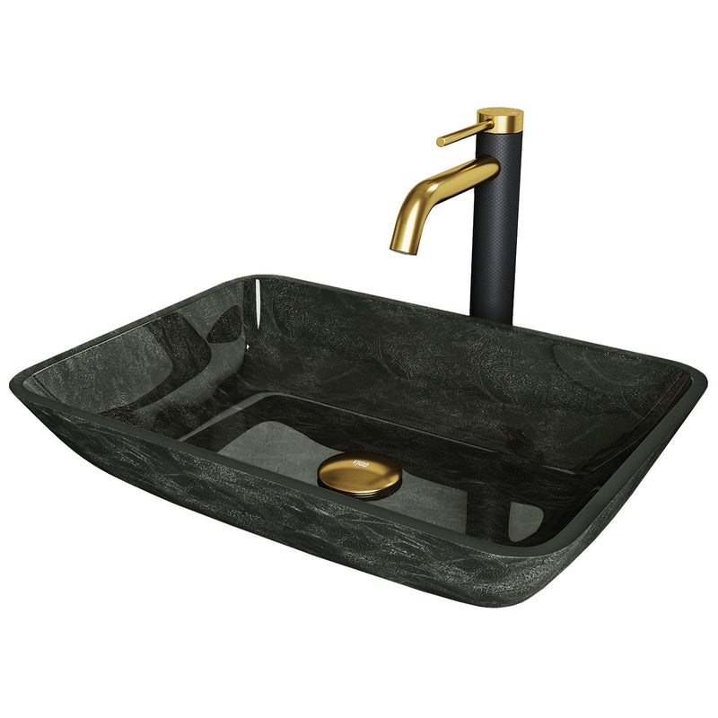 VIGO Glass Grey Onyx Bathroom Sink/Basin Set with Matte Gold Lexington Faucet and Rectangular Vessel T4