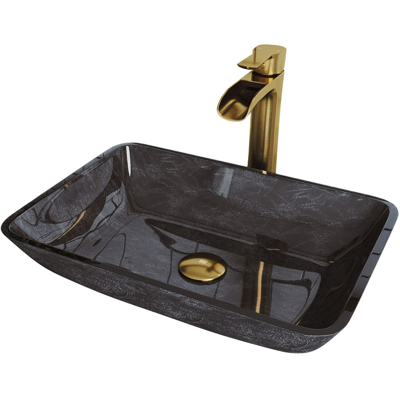 VIGO Glass Grey Onyx Bathroom Sink/Basin Set with Matte Gold Niko Faucet and Rectangular Vessel J5
