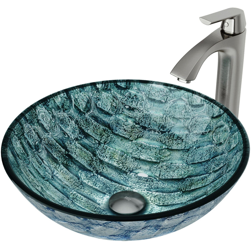 VIGO Glass Oceania Blue Bathroom Sink/Basin Set with Linus Faucet and Round Vessel E0