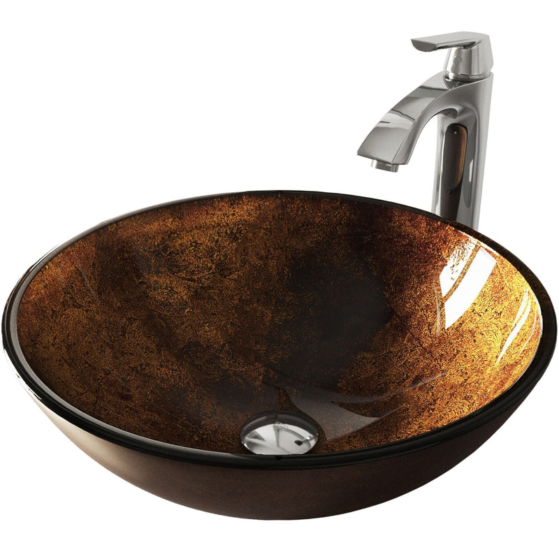 VIGO Glass Russet Brown Bathroom Sink/Basin Set with Linus Faucet and Round Vessel O4