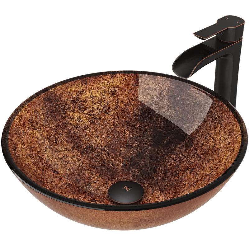 VIGO Glass Russet Brown Bathroom Sink/Basin Set with Niko Faucet and Round Vessel H9